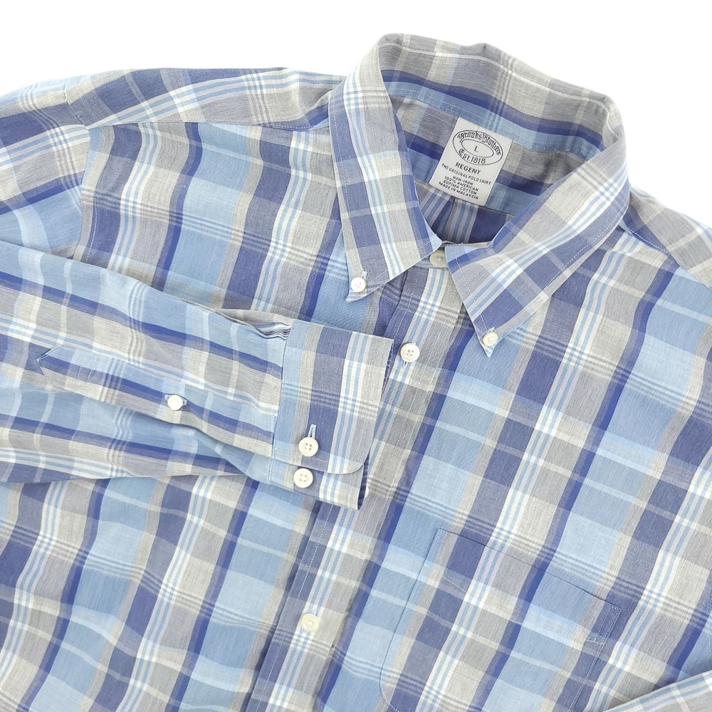 Brooks Brothers Dress Shirt‎ Mens L Blue Plaid Regent Non Iron Supima Cotton